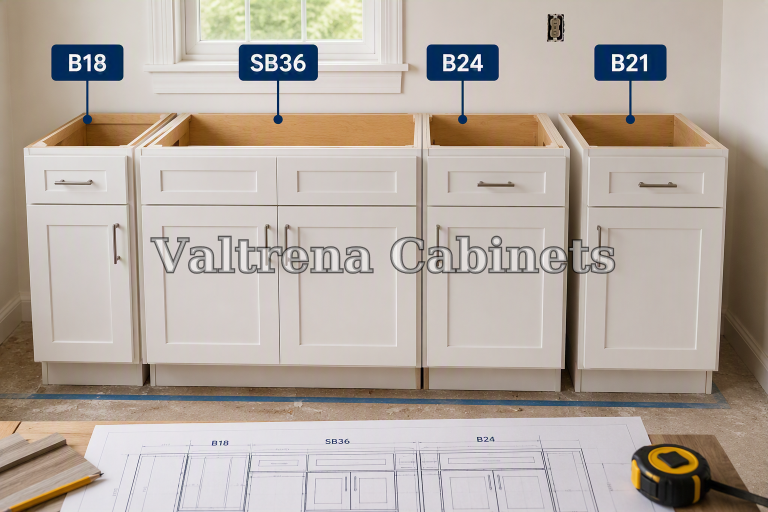 Base cabinet run with the code for each box labelled above it
