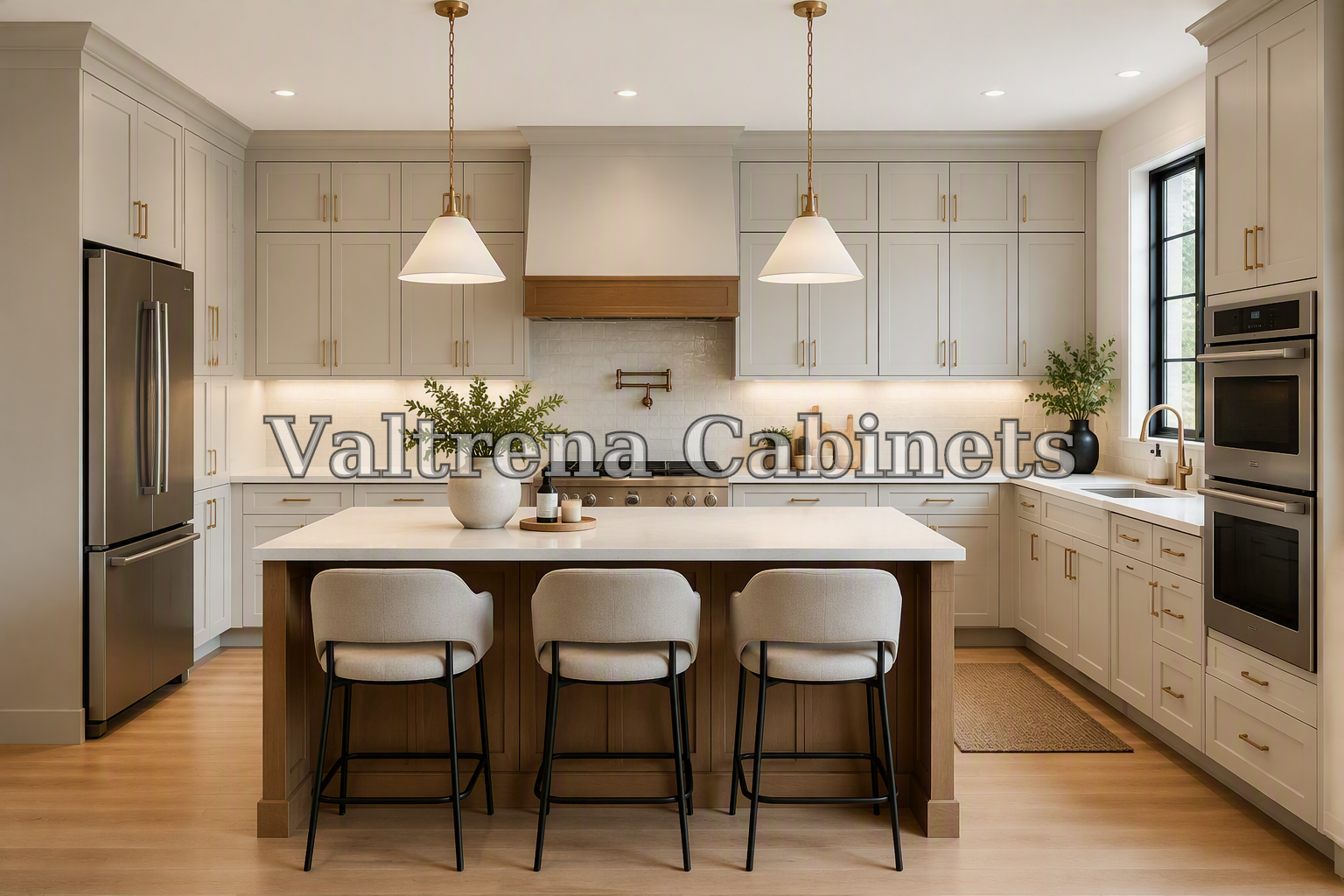 Finished kitchen with coordinated base, wall, and tall cabinets