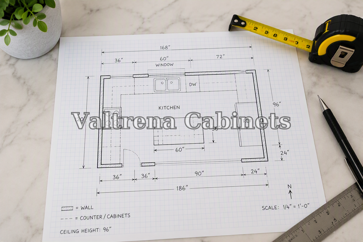 Kitchen floor plan sketch marked with wall and window dimensions