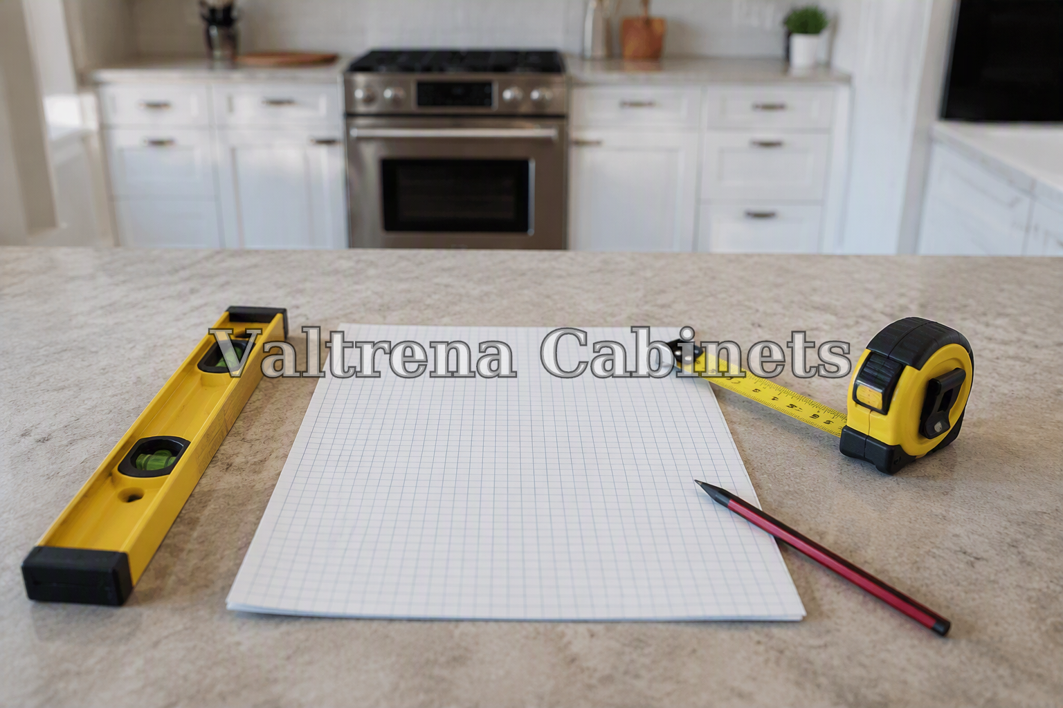 Tape measure, level and graph paper laid out before measuring a kitchen