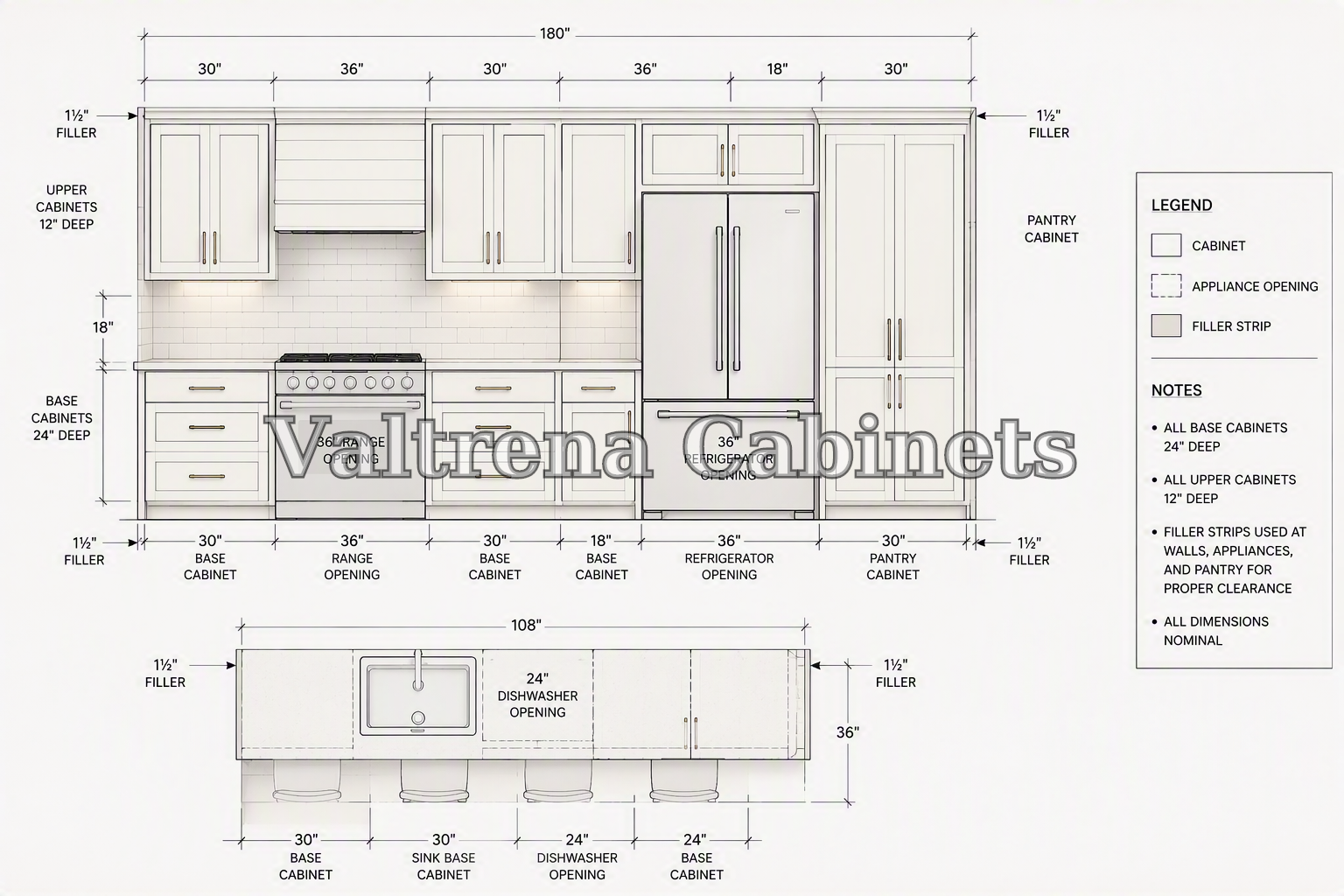 Kitchen plan showing cabinet widths, appliance openings, and filler strips