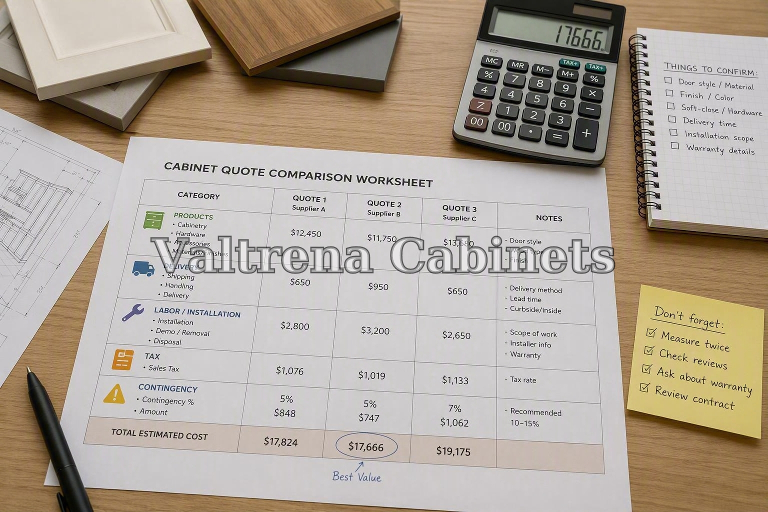 Cabinet quote comparison worksheet separating products, delivery, labor, tax and contingency