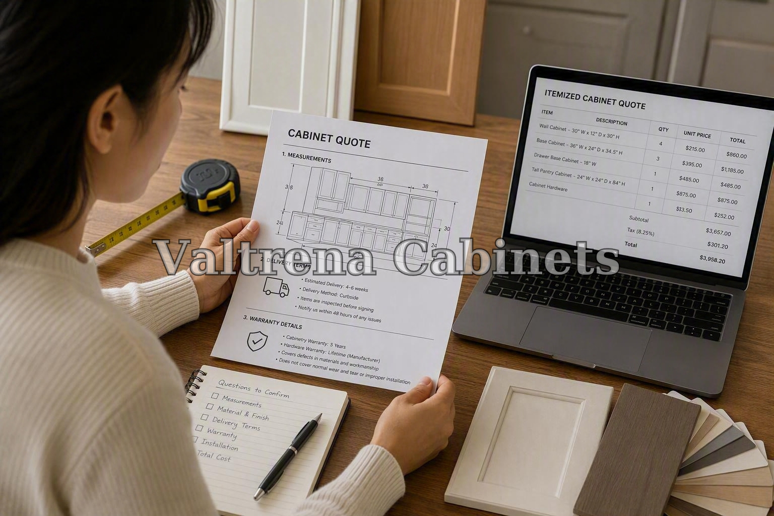 Homeowner checking cabinet measurements, delivery terms and warranty details before ordering